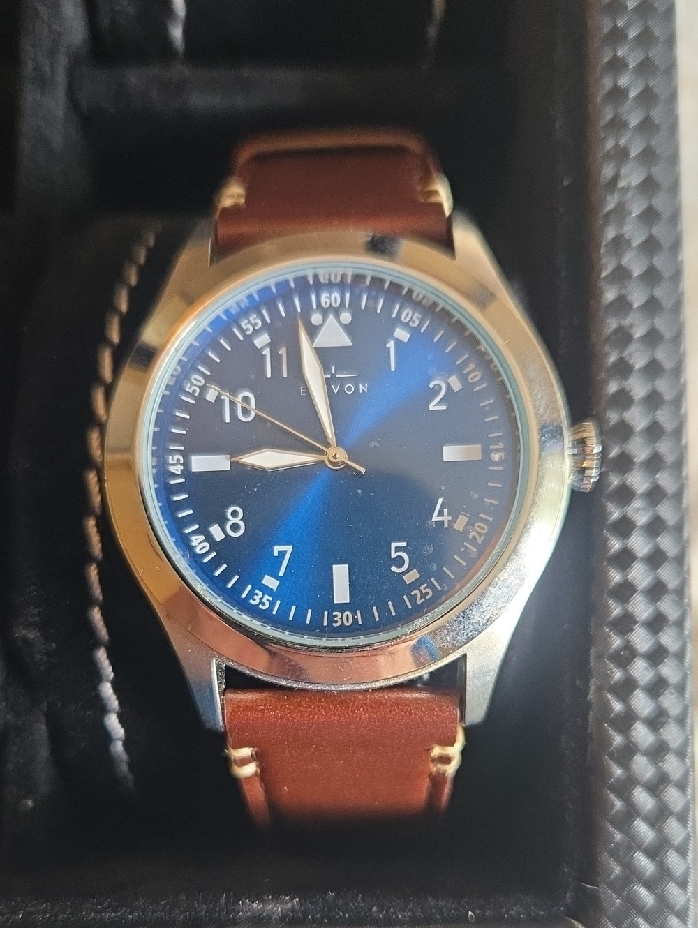 Men's Brown Leather Strap Watch with Blue Dial